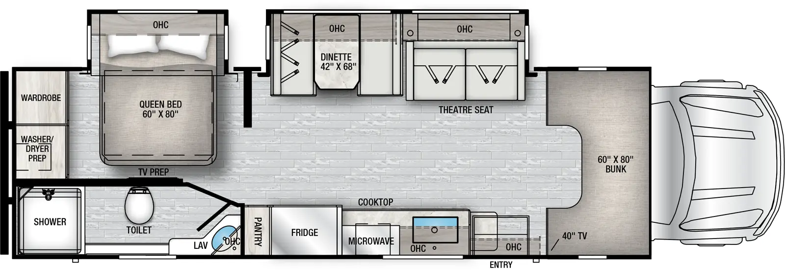 The Bravado 33DS floorplan has one entry and two slide outs. Interiors features include: bunk over cab and dinette.